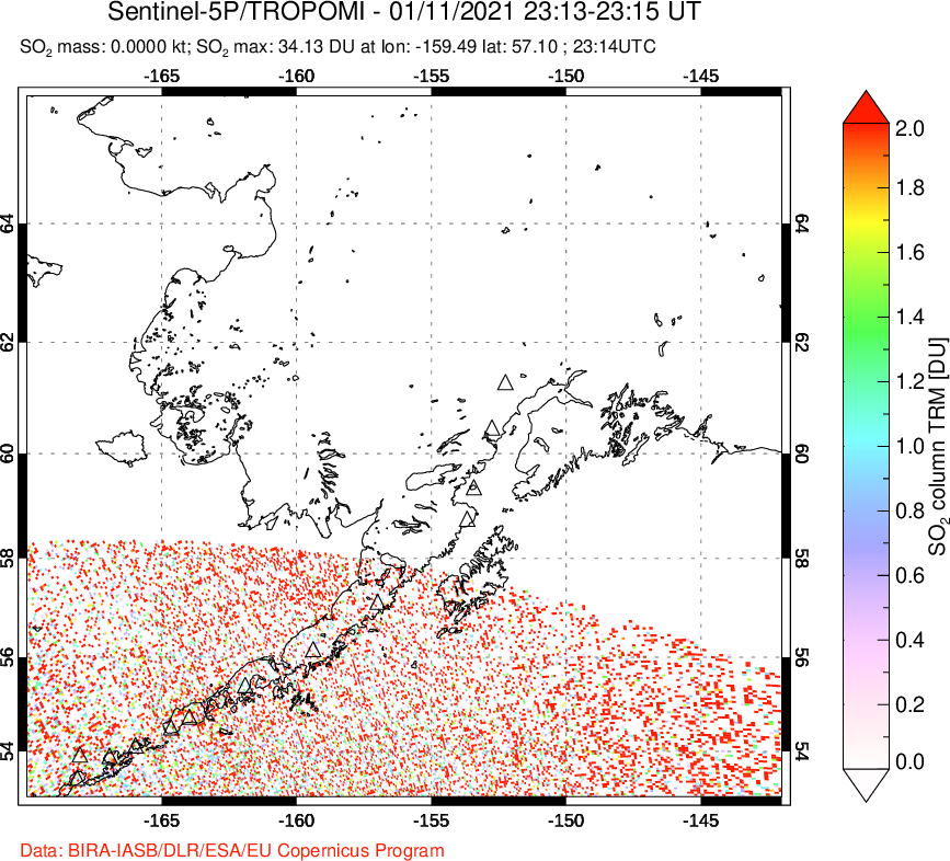 A sulfur dioxide image over Alaska, USA on Jan 11, 2021.