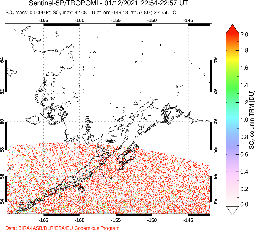 A sulfur dioxide image over Alaska, USA on Jan 12, 2021.