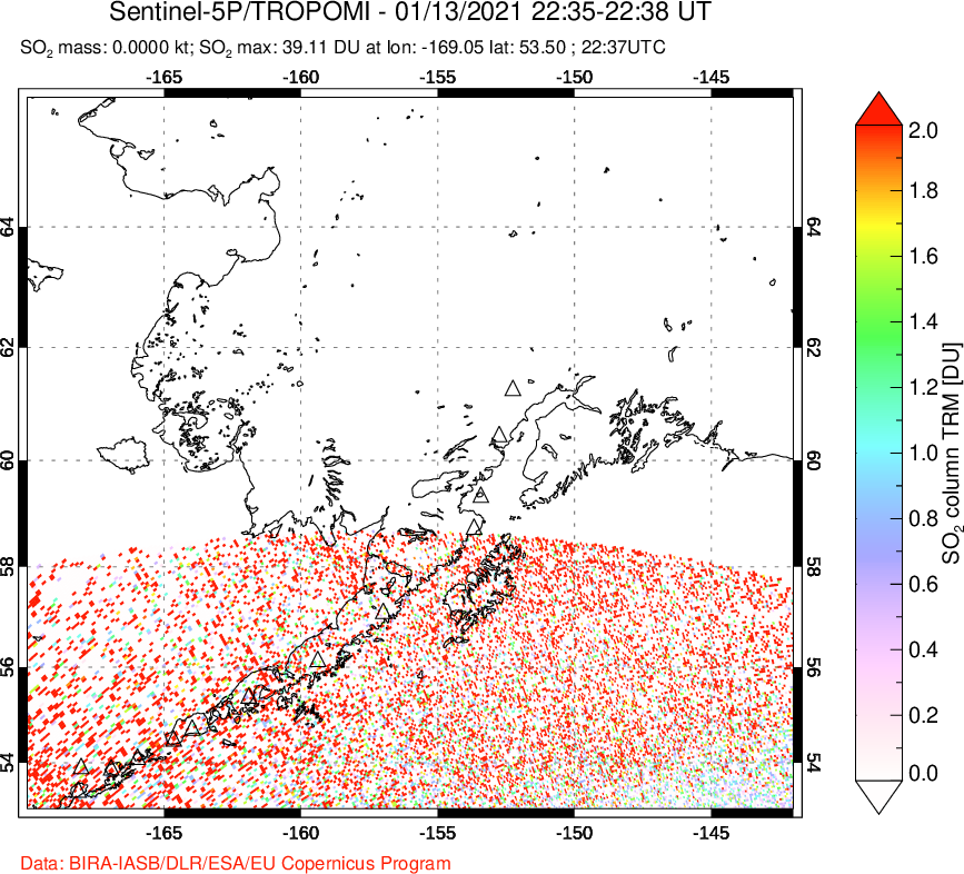 A sulfur dioxide image over Alaska, USA on Jan 13, 2021.