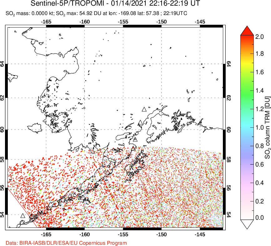 A sulfur dioxide image over Alaska, USA on Jan 14, 2021.