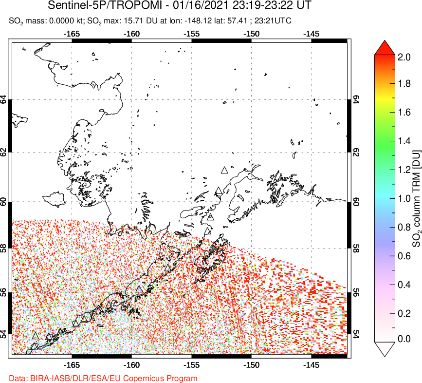 A sulfur dioxide image over Alaska, USA on Jan 16, 2021.