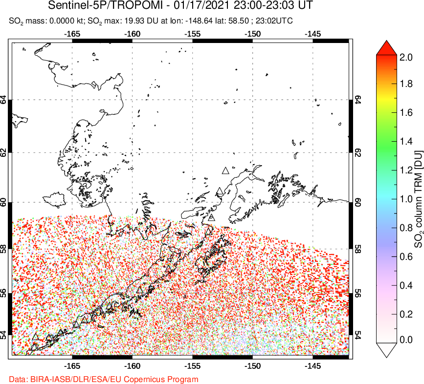 A sulfur dioxide image over Alaska, USA on Jan 17, 2021.