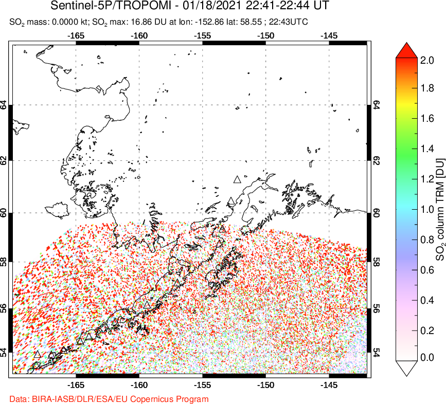 A sulfur dioxide image over Alaska, USA on Jan 18, 2021.