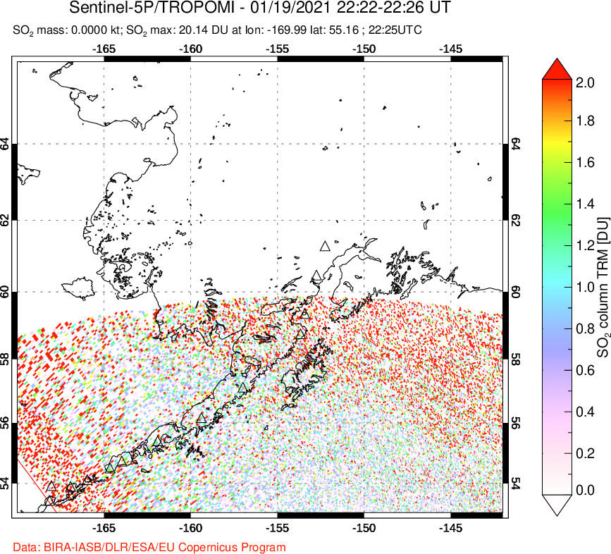 A sulfur dioxide image over Alaska, USA on Jan 19, 2021.