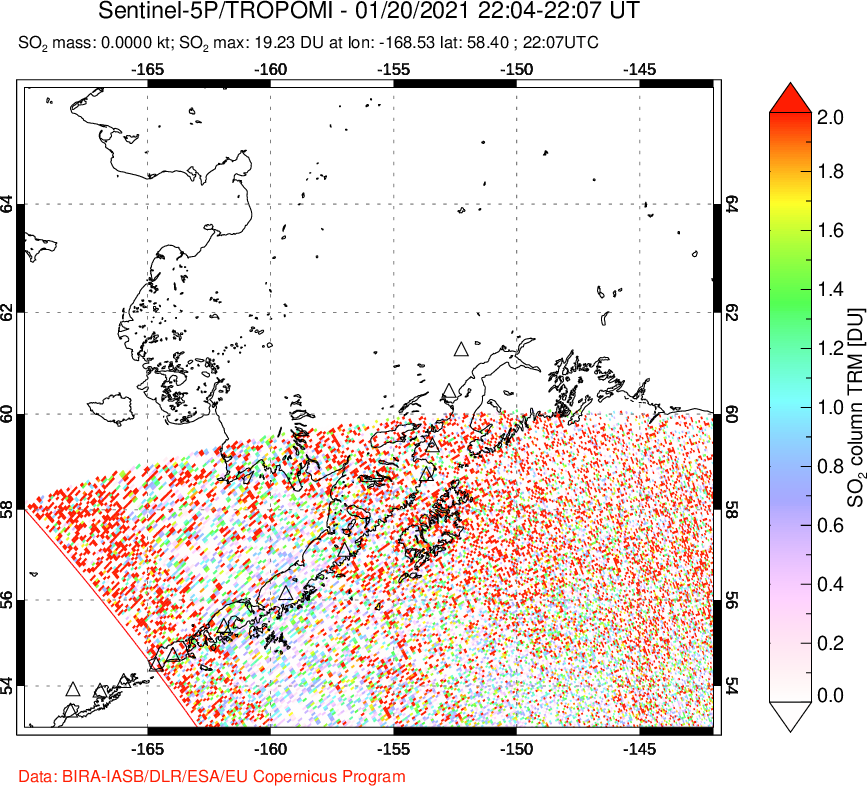 A sulfur dioxide image over Alaska, USA on Jan 20, 2021.