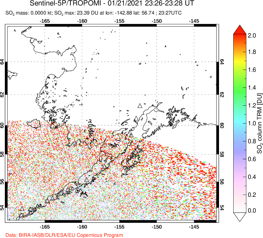 A sulfur dioxide image over Alaska, USA on Jan 21, 2021.