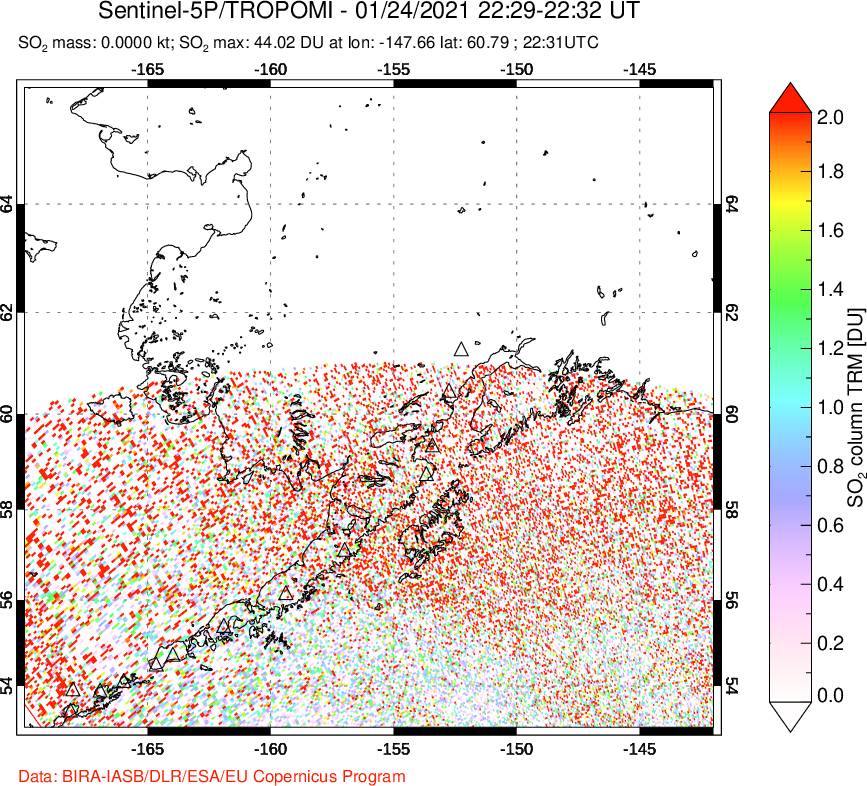 A sulfur dioxide image over Alaska, USA on Jan 24, 2021.