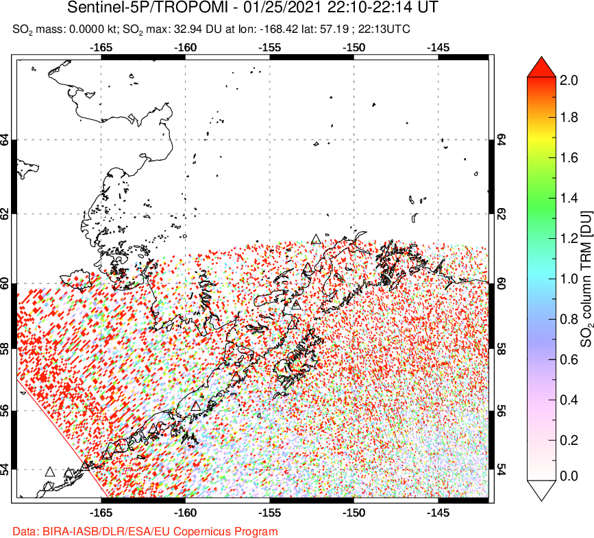 A sulfur dioxide image over Alaska, USA on Jan 25, 2021.