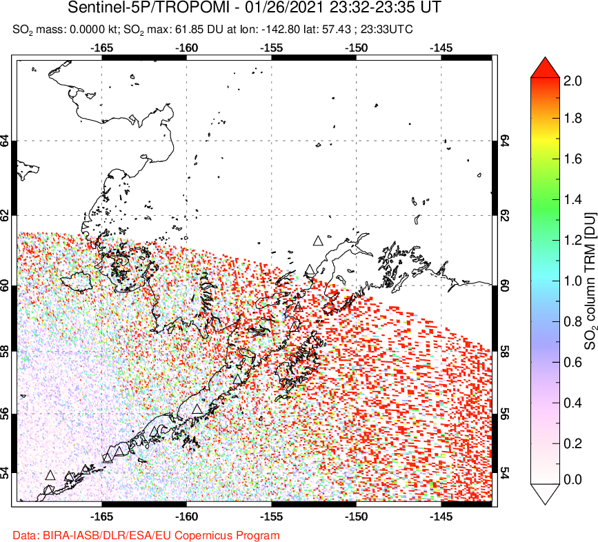 A sulfur dioxide image over Alaska, USA on Jan 26, 2021.