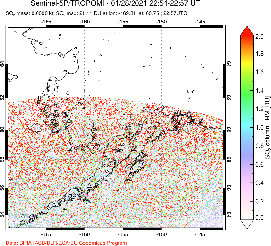 A sulfur dioxide image over Alaska, USA on Jan 28, 2021.