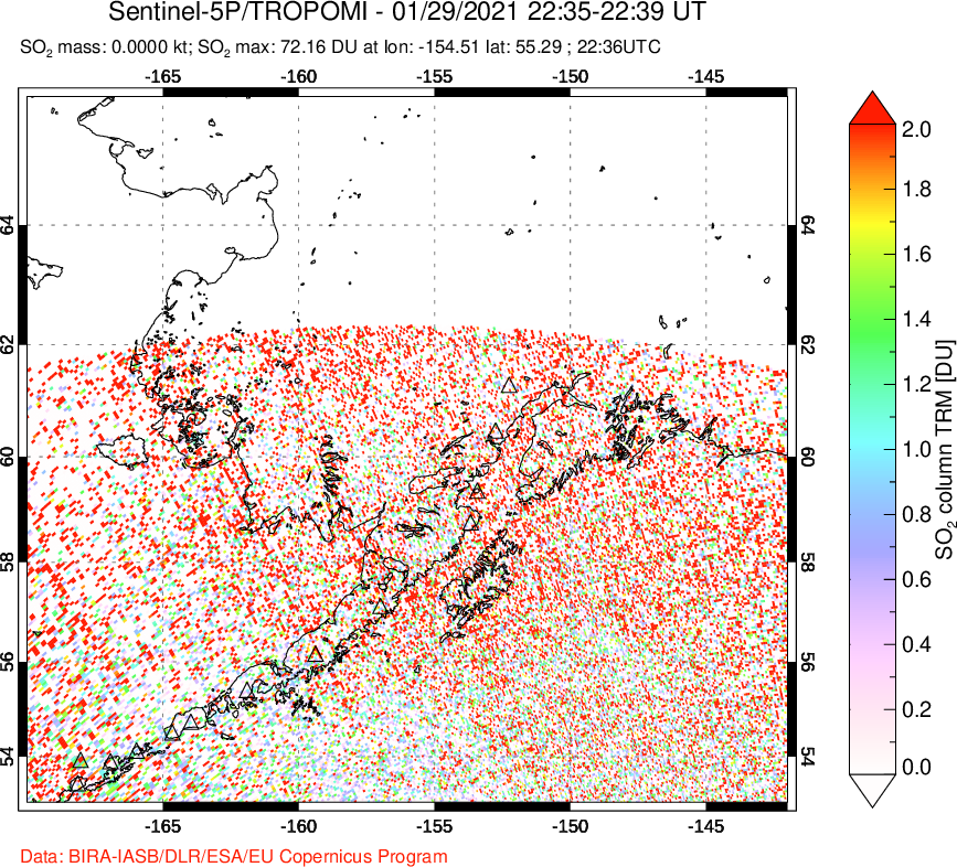 A sulfur dioxide image over Alaska, USA on Jan 29, 2021.
