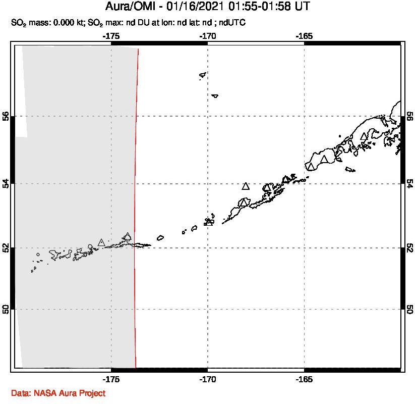 A sulfur dioxide image over Aleutian Islands, Alaska, USA on Jan 16, 2021.