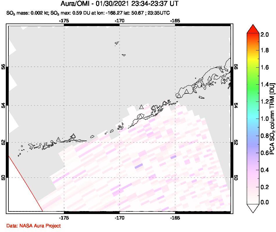 A sulfur dioxide image over Aleutian Islands, Alaska, USA on Jan 30, 2021.