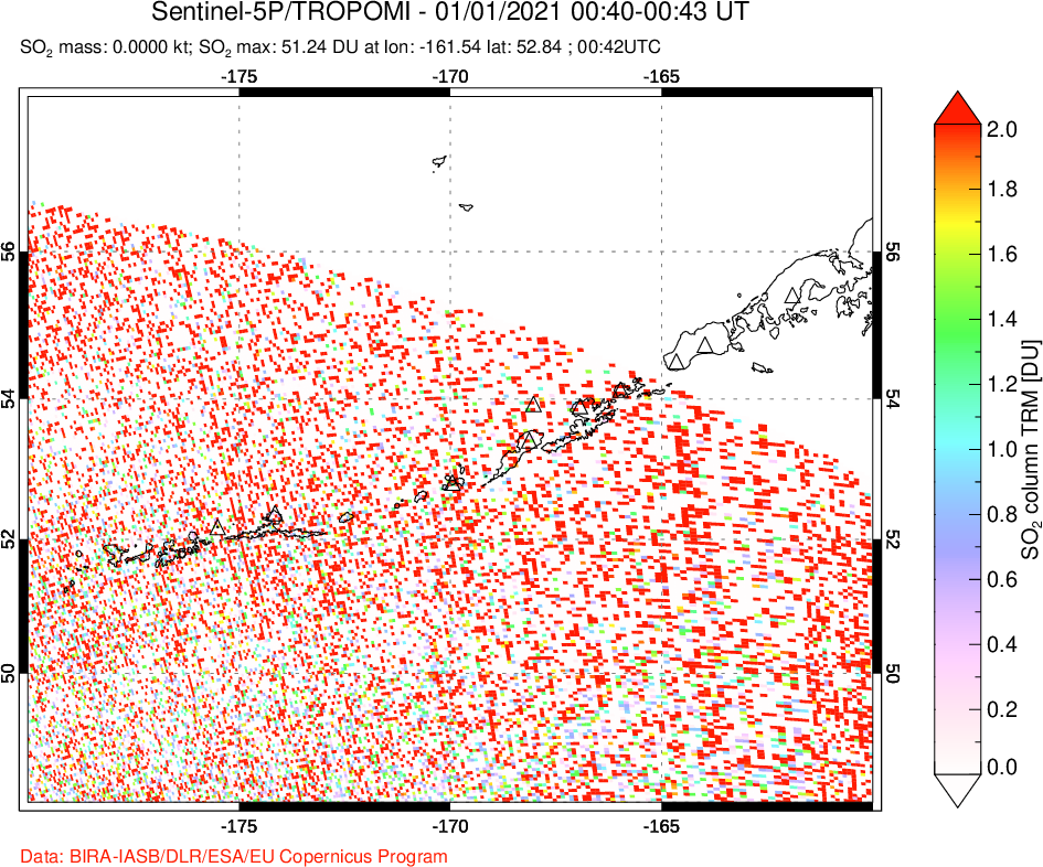 A sulfur dioxide image over Aleutian Islands, Alaska, USA on Jan 01, 2021.