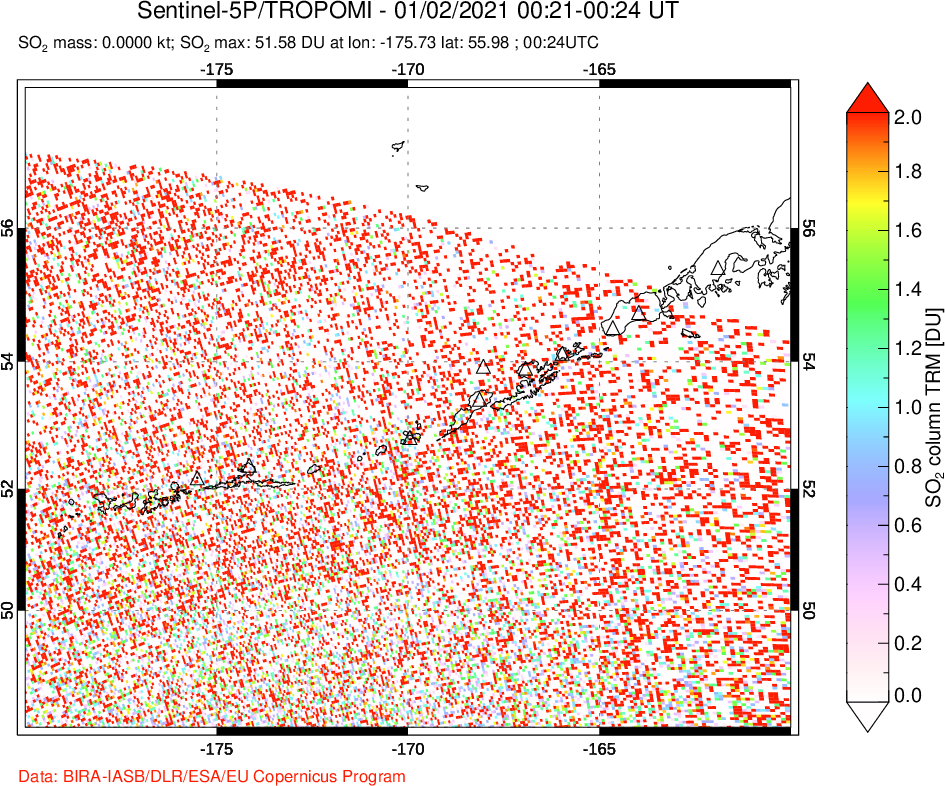 A sulfur dioxide image over Aleutian Islands, Alaska, USA on Jan 02, 2021.