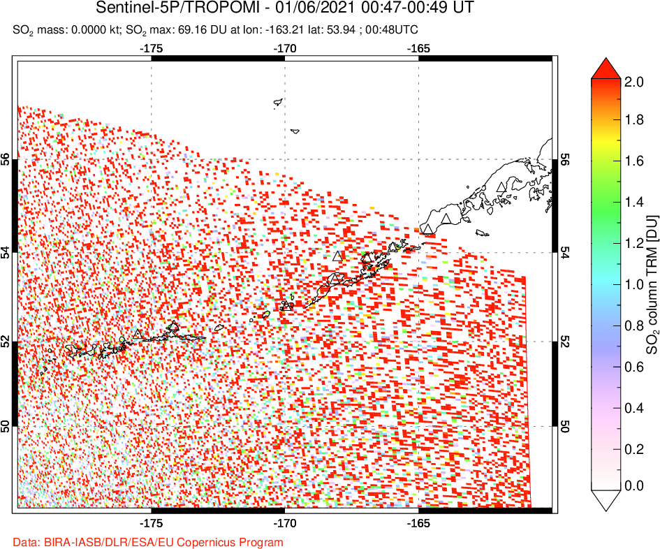 A sulfur dioxide image over Aleutian Islands, Alaska, USA on Jan 06, 2021.
