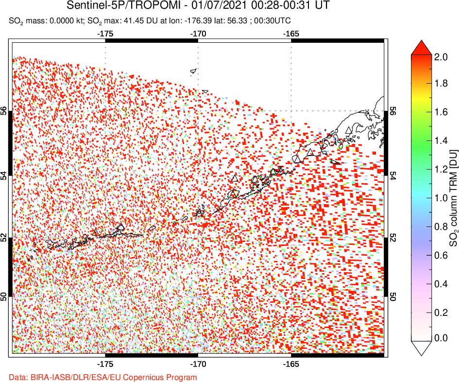 A sulfur dioxide image over Aleutian Islands, Alaska, USA on Jan 07, 2021.
