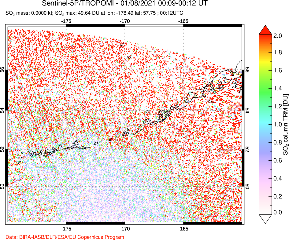 A sulfur dioxide image over Aleutian Islands, Alaska, USA on Jan 08, 2021.