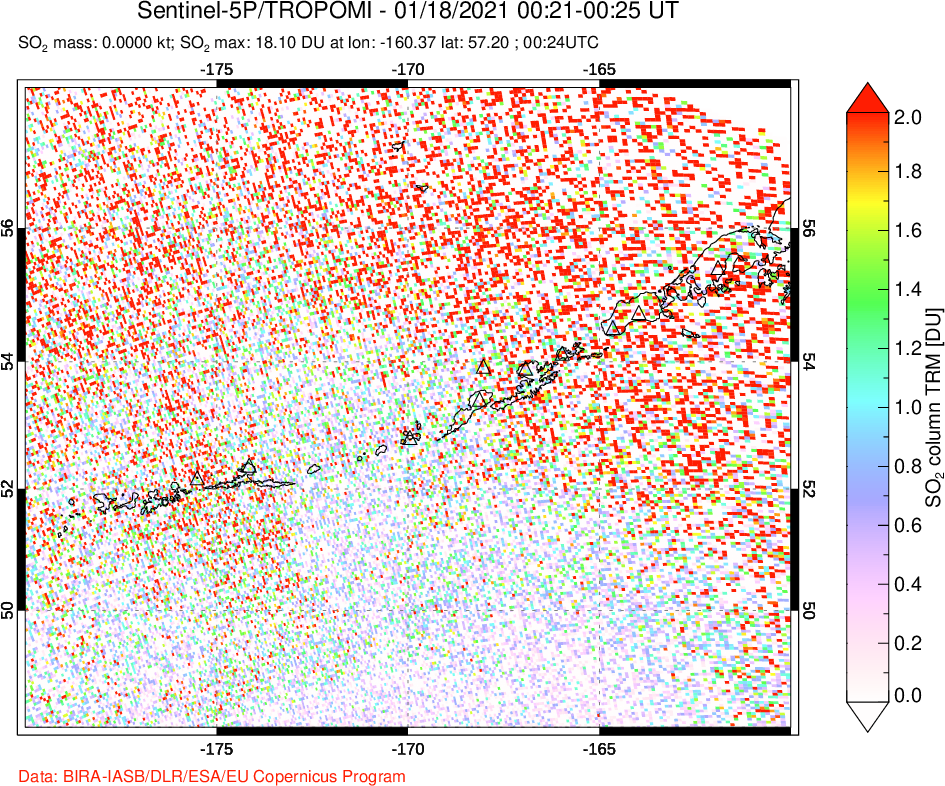 A sulfur dioxide image over Aleutian Islands, Alaska, USA on Jan 18, 2021.