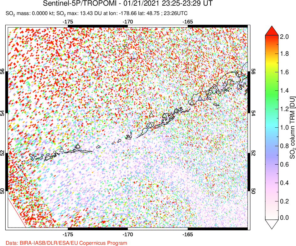 A sulfur dioxide image over Aleutian Islands, Alaska, USA on Jan 21, 2021.