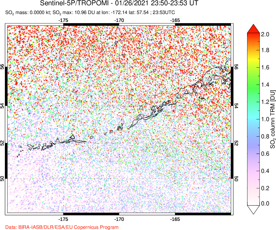 A sulfur dioxide image over Aleutian Islands, Alaska, USA on Jan 26, 2021.