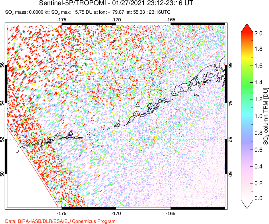 A sulfur dioxide image over Aleutian Islands, Alaska, USA on Jan 27, 2021.