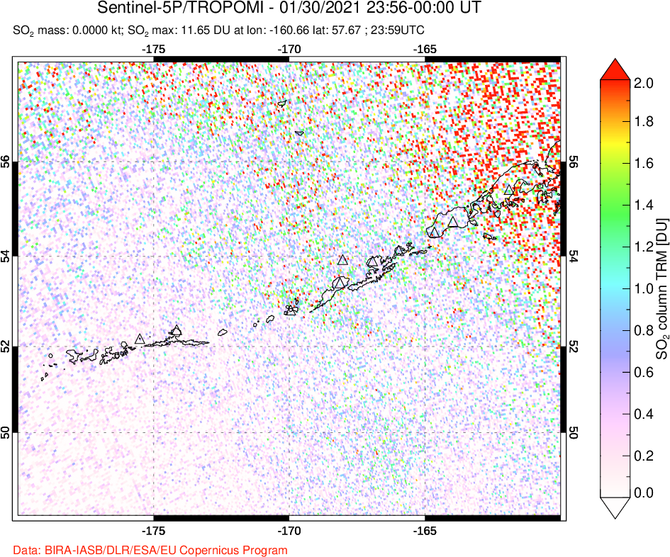 A sulfur dioxide image over Aleutian Islands, Alaska, USA on Jan 30, 2021.