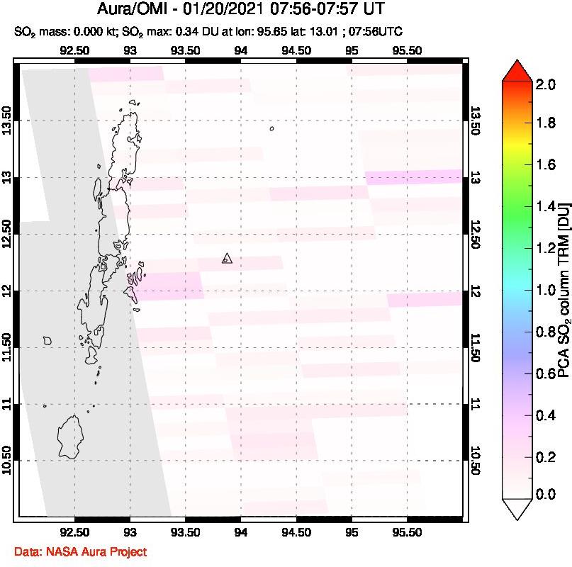 A sulfur dioxide image over Andaman Islands, Indian Ocean on Jan 20, 2021.