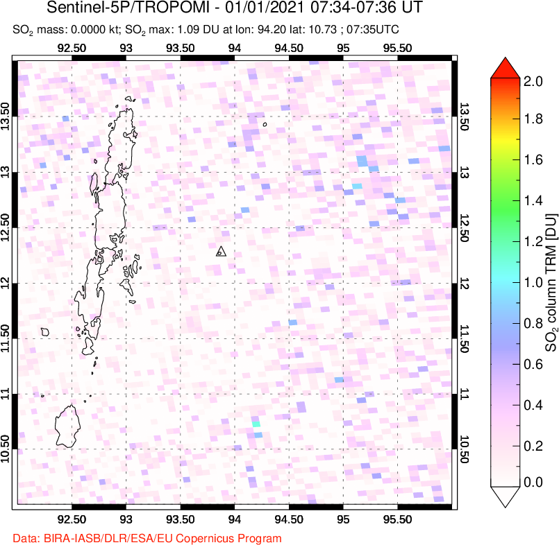 A sulfur dioxide image over Andaman Islands, Indian Ocean on Jan 01, 2021.