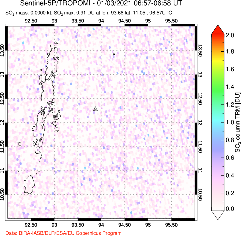 A sulfur dioxide image over Andaman Islands, Indian Ocean on Jan 03, 2021.