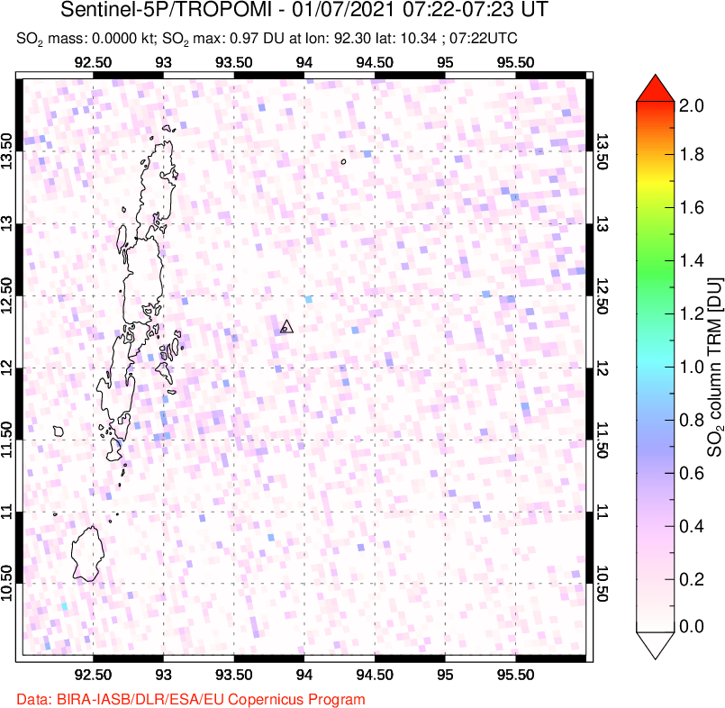 A sulfur dioxide image over Andaman Islands, Indian Ocean on Jan 07, 2021.