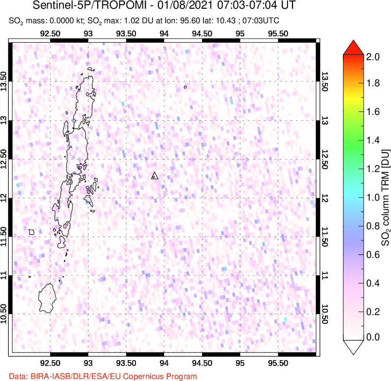 A sulfur dioxide image over Andaman Islands, Indian Ocean on Jan 08, 2021.