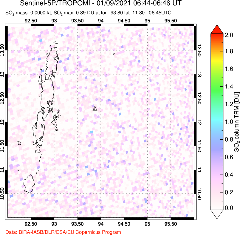 A sulfur dioxide image over Andaman Islands, Indian Ocean on Jan 09, 2021.
