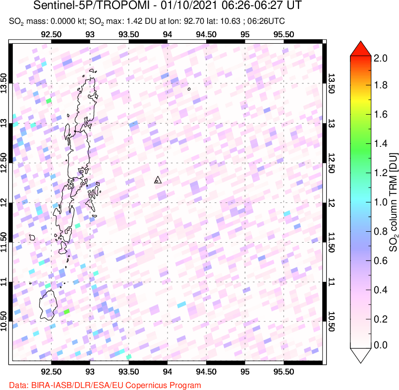 A sulfur dioxide image over Andaman Islands, Indian Ocean on Jan 10, 2021.