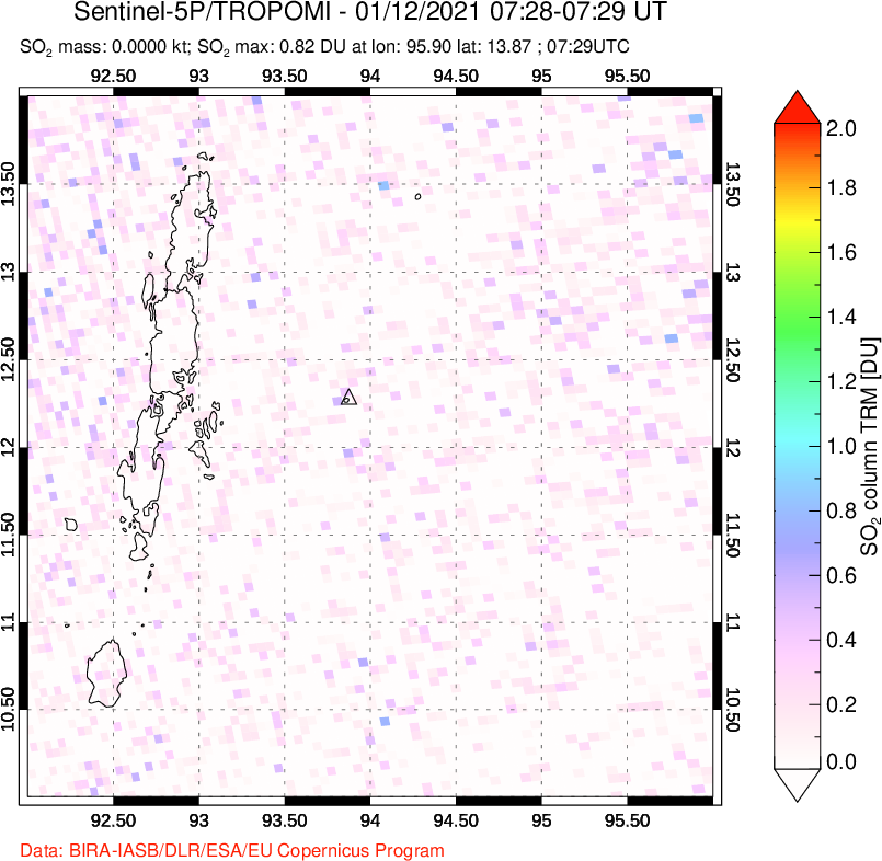 A sulfur dioxide image over Andaman Islands, Indian Ocean on Jan 12, 2021.