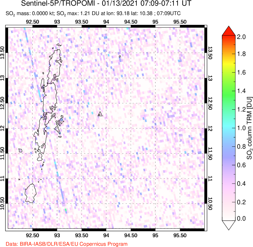 A sulfur dioxide image over Andaman Islands, Indian Ocean on Jan 13, 2021.