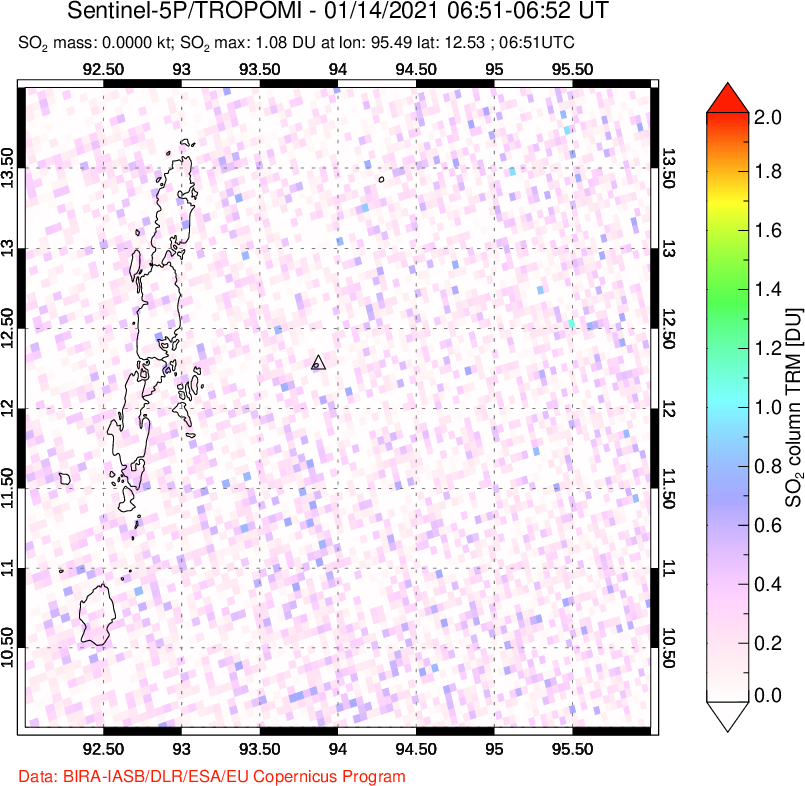 A sulfur dioxide image over Andaman Islands, Indian Ocean on Jan 14, 2021.