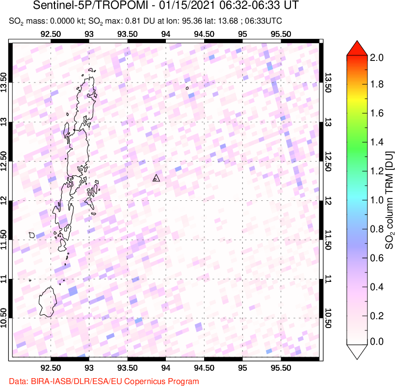 A sulfur dioxide image over Andaman Islands, Indian Ocean on Jan 15, 2021.