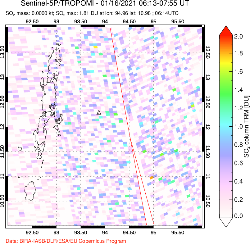 A sulfur dioxide image over Andaman Islands, Indian Ocean on Jan 16, 2021.