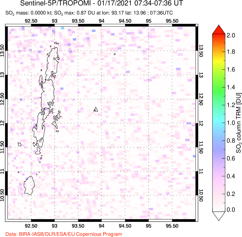 A sulfur dioxide image over Andaman Islands, Indian Ocean on Jan 17, 2021.