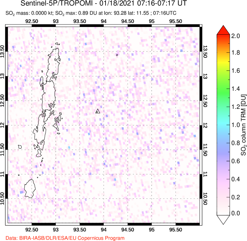 A sulfur dioxide image over Andaman Islands, Indian Ocean on Jan 18, 2021.