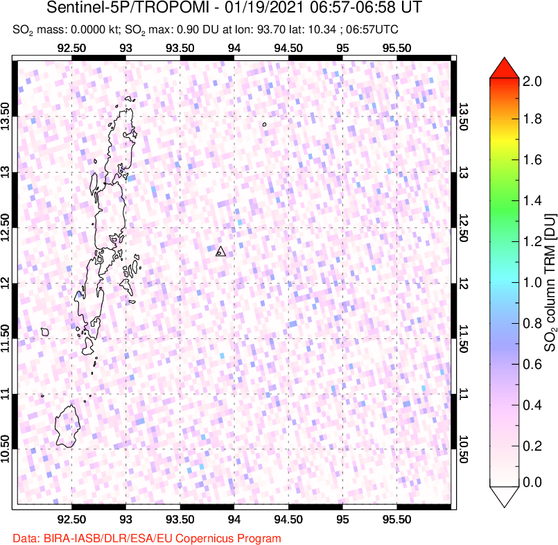 A sulfur dioxide image over Andaman Islands, Indian Ocean on Jan 19, 2021.
