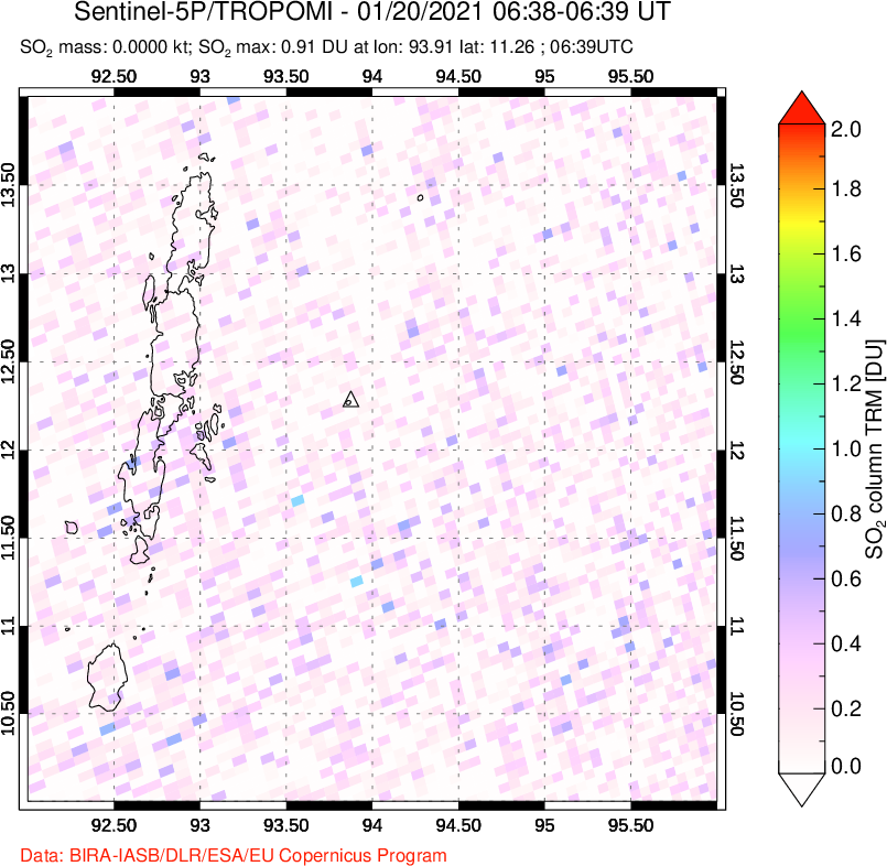 A sulfur dioxide image over Andaman Islands, Indian Ocean on Jan 20, 2021.