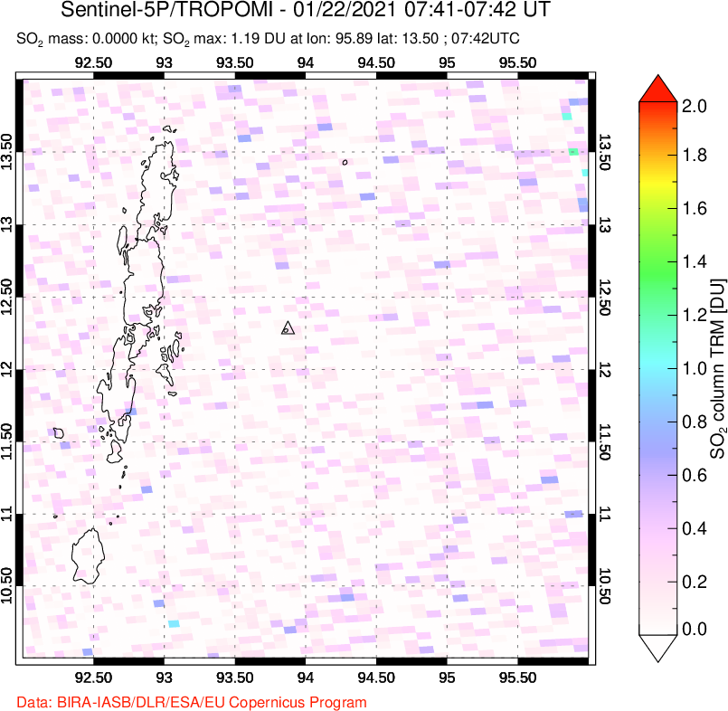 A sulfur dioxide image over Andaman Islands, Indian Ocean on Jan 22, 2021.