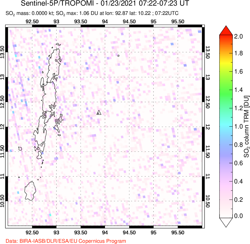 A sulfur dioxide image over Andaman Islands, Indian Ocean on Jan 23, 2021.