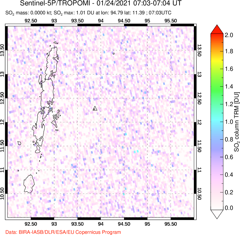 A sulfur dioxide image over Andaman Islands, Indian Ocean on Jan 24, 2021.