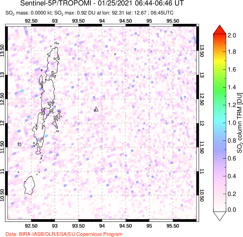 A sulfur dioxide image over Andaman Islands, Indian Ocean on Jan 25, 2021.