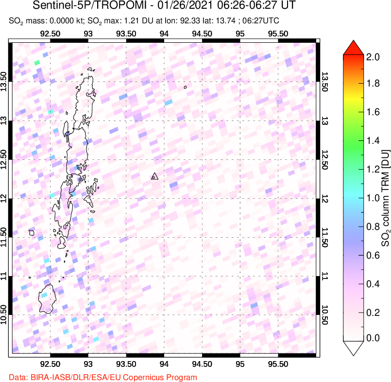 A sulfur dioxide image over Andaman Islands, Indian Ocean on Jan 26, 2021.