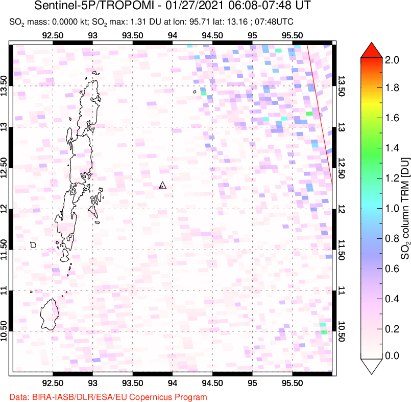 A sulfur dioxide image over Andaman Islands, Indian Ocean on Jan 27, 2021.