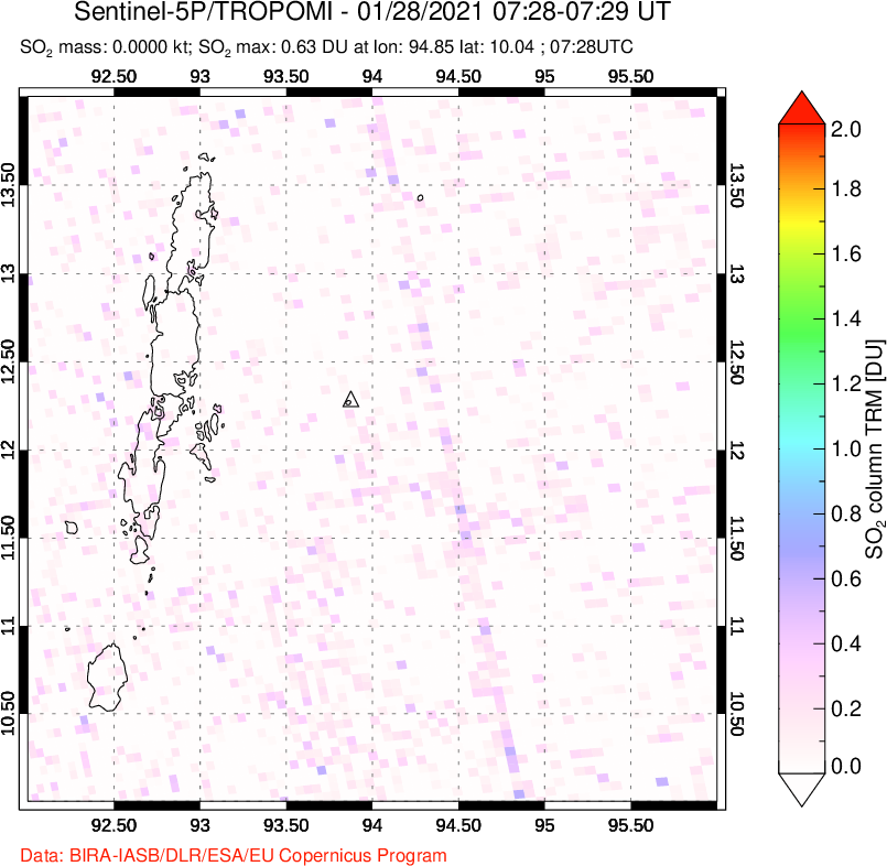 A sulfur dioxide image over Andaman Islands, Indian Ocean on Jan 28, 2021.